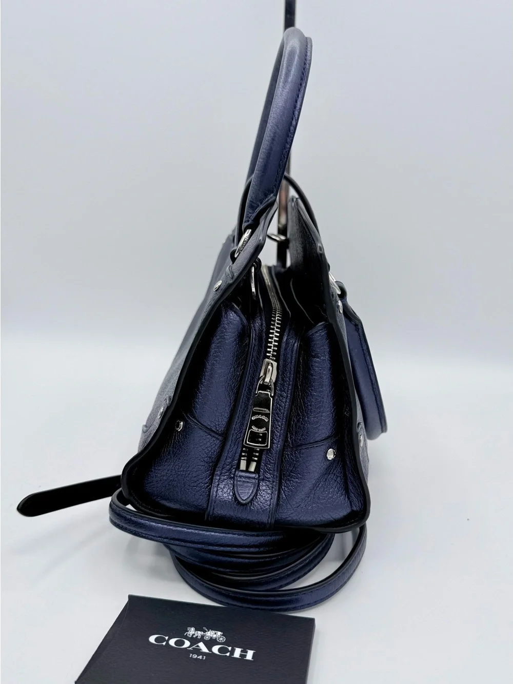 Coach Mercer 24 Satchel Metallic Navy Pebbled Leather Crossbody